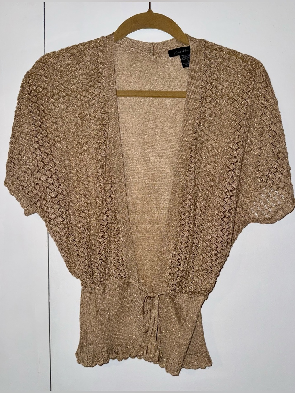 2005 Y2K Heart Moon Star Gold Metallic Pointelle Knit Tie-Front Shrug